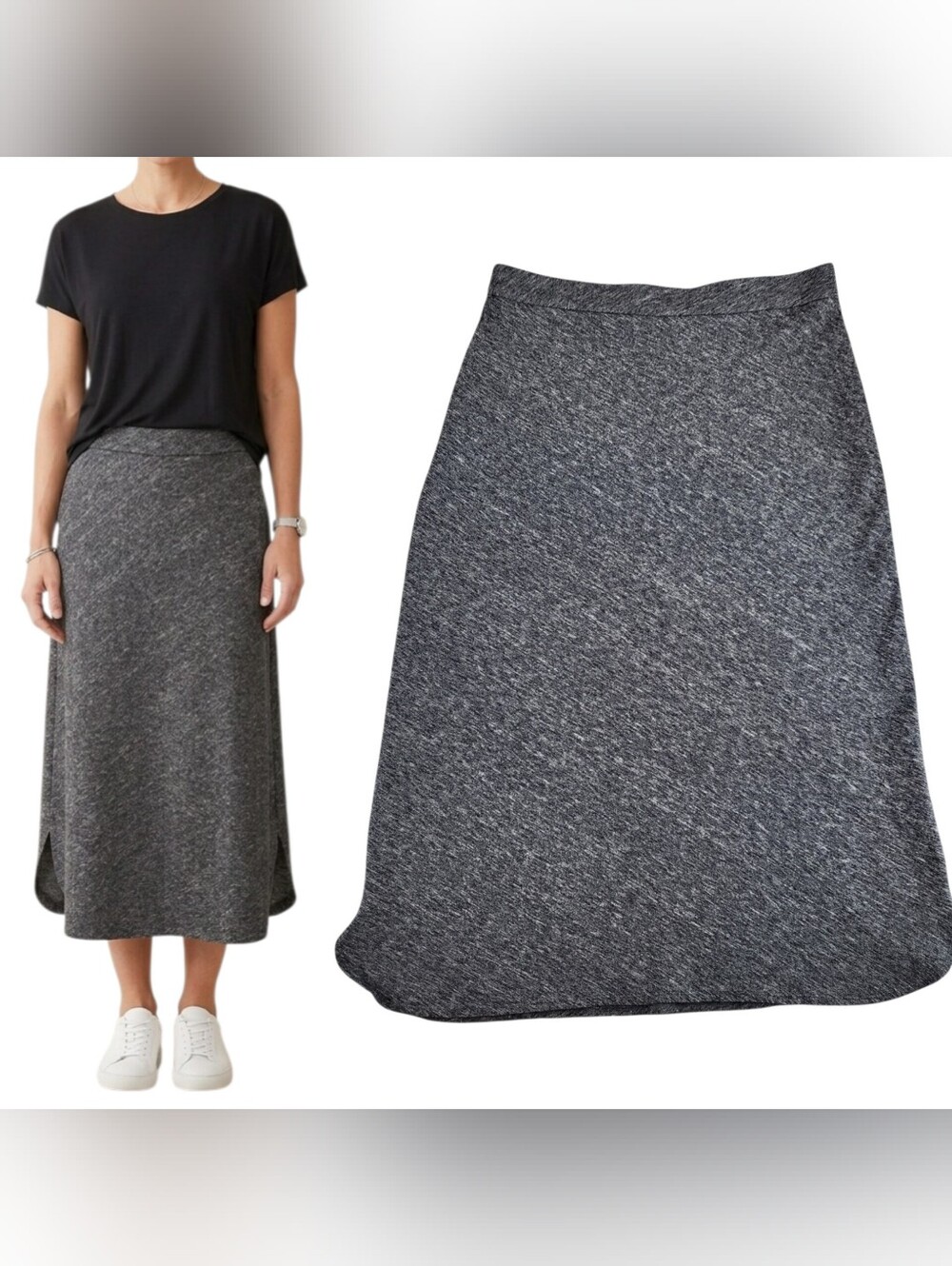 Eileen Fisher Grey Marl Italian Organic Cotton Wool Blend Midi-Pencil Skirt S